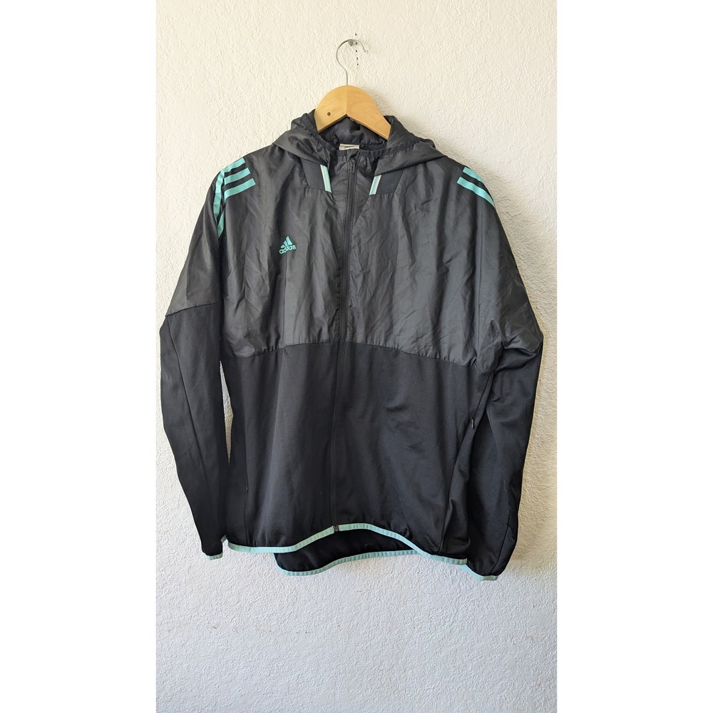 Adidas Womens Hooded Windbreaker Jacket‎ Black Mint Green Full Zip Thumbholes L